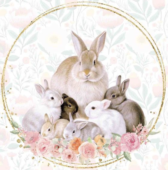 Watercolor illustration of a mother rabbit with six baby rabbits and a ring of pink and orange roses