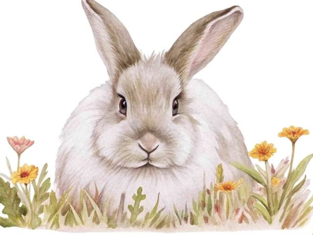 Watercolor illustration of a gray bunny sitting in a meadow of yellow and pink flowers