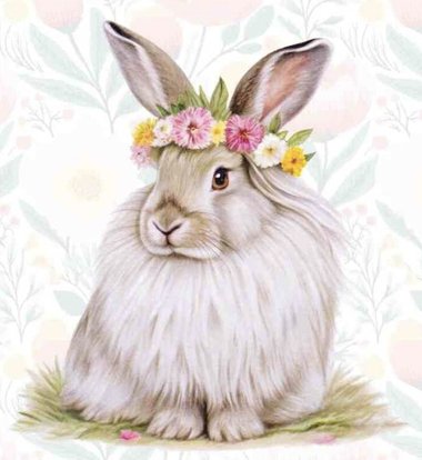 Watercolor illustration of a fluffy gray bunny wearing a crown of pink flowers