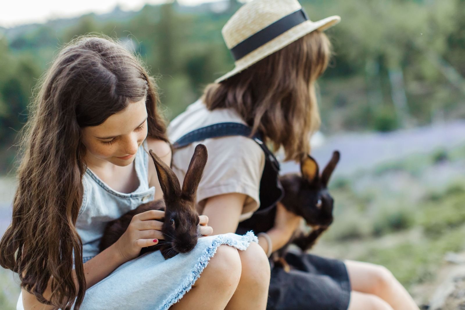 Two girls sitting outdoors, one gently petting a dark brown rabbit in her lap