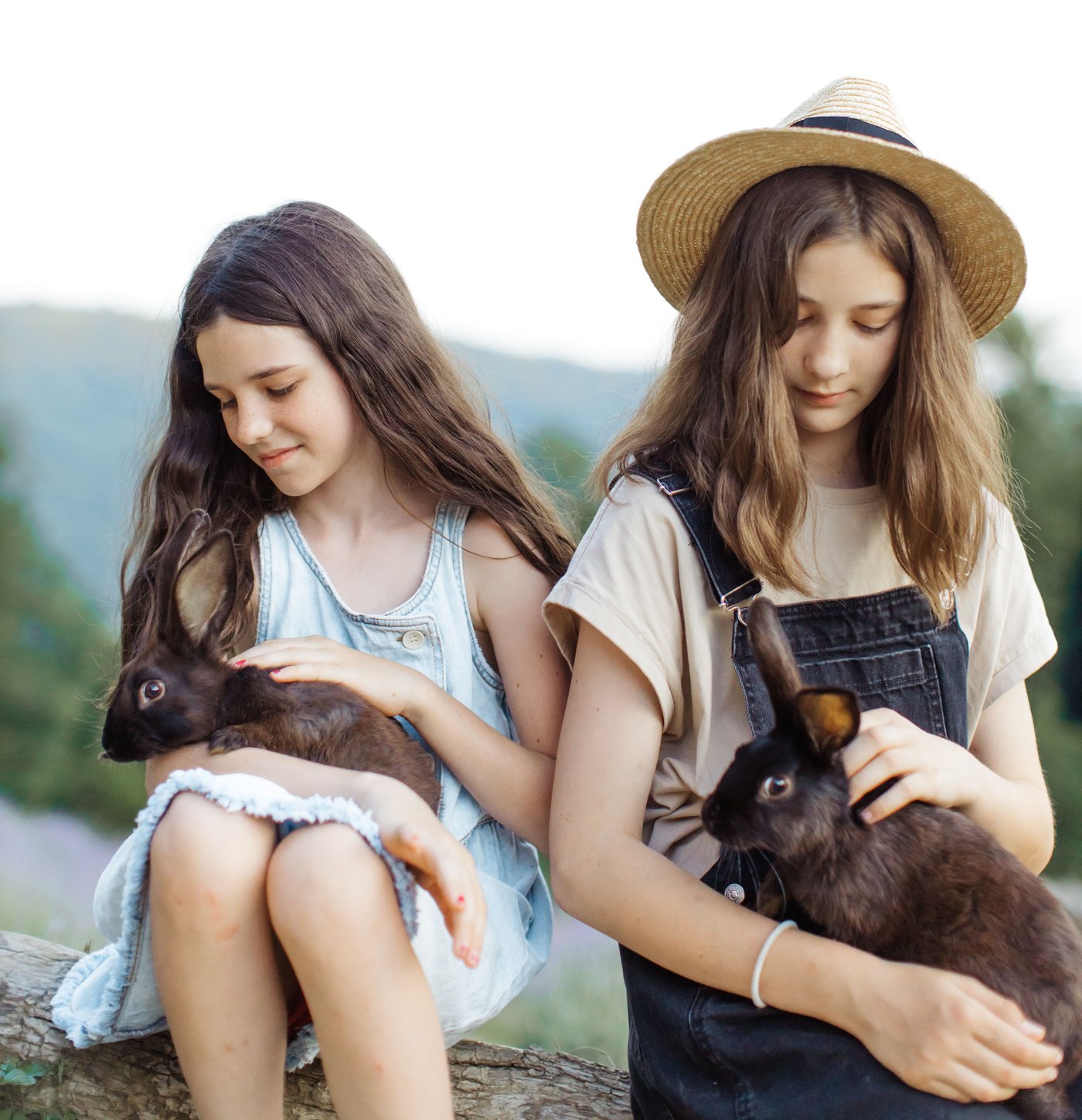 Two girls sitting side by side, each gently petting a dark brown rabbit in her lap
